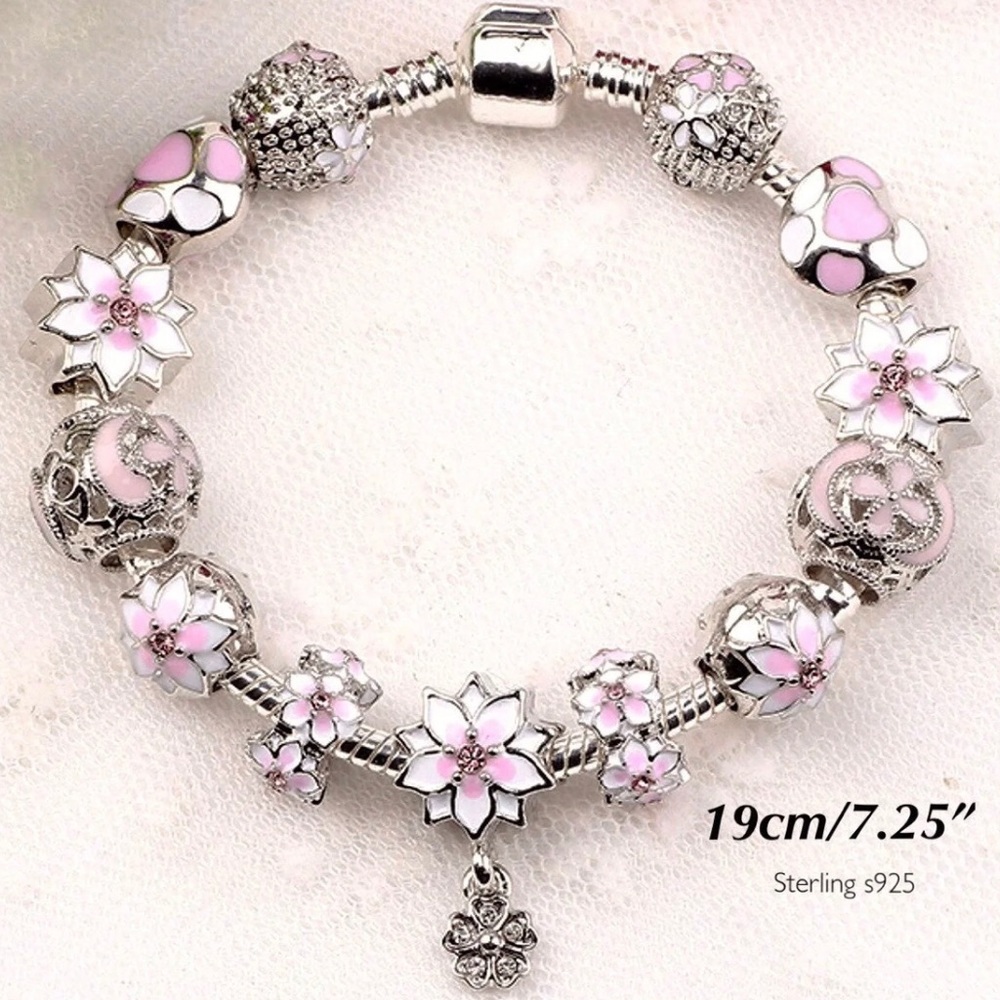 SOLD-Sterling Silver Snake Pink Magnolia Bracelet